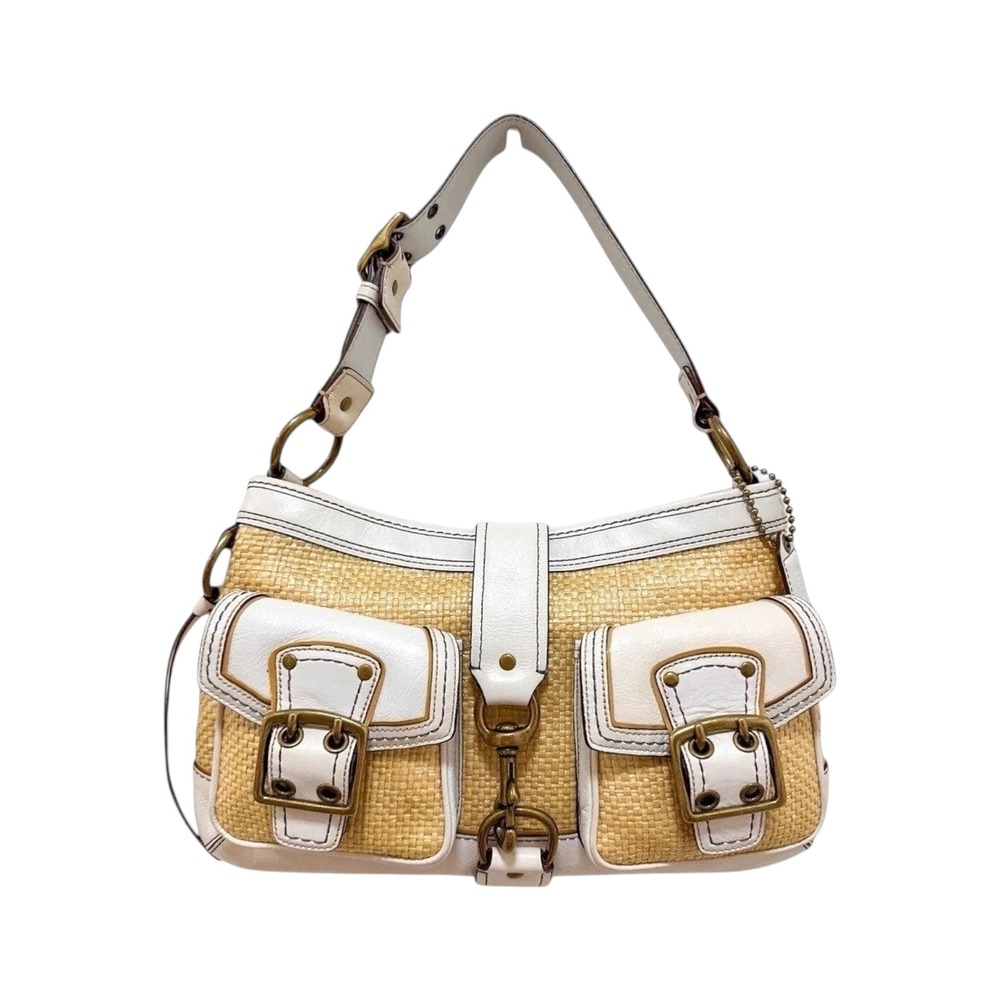 Coach Legacy Woven‎ Straw White Leather Shoulder Bag Dog Leash Clip 105